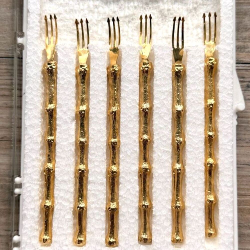 Vintage 1950s Gold Plated Bamboo Cocktail Fork Set of 6 Mid Century Appetizer